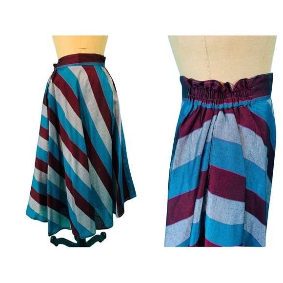 Vintage 1980s Stripe Skirt Blue Gray Burgundy Striped | W 25-30" - Picture 2 of 10